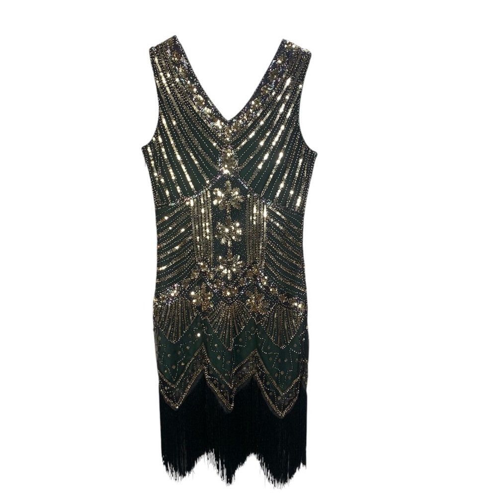Flapper Beaded Fringe Dress Deep Emerald, Black and Gold
